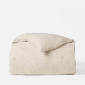 Pacific Blue Chambray with Multi Embroidered Organic Linen Duvet Cover