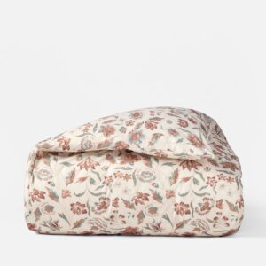 Premium Natural Undyed with Cerulean Breathable Printed Floral Organic Percale Duvet Cover