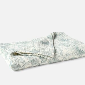 Natural Undyed with Dew Blue Lightweight Matelasse Printed Organic Cotton Throw Blanket