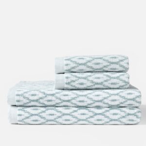 Geometric Ikat Organic Cotton Towel Set - Alpine White Pacific Blue
