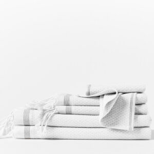 Turkish Flat-Weave Organic Bath Towel Set - Alpine White with Slate Stripe